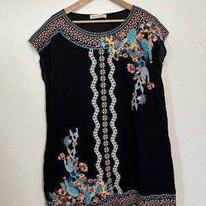 Starrs on Mercer Black Multicolored Embroidered Mini Tunic Shift Dress Large
